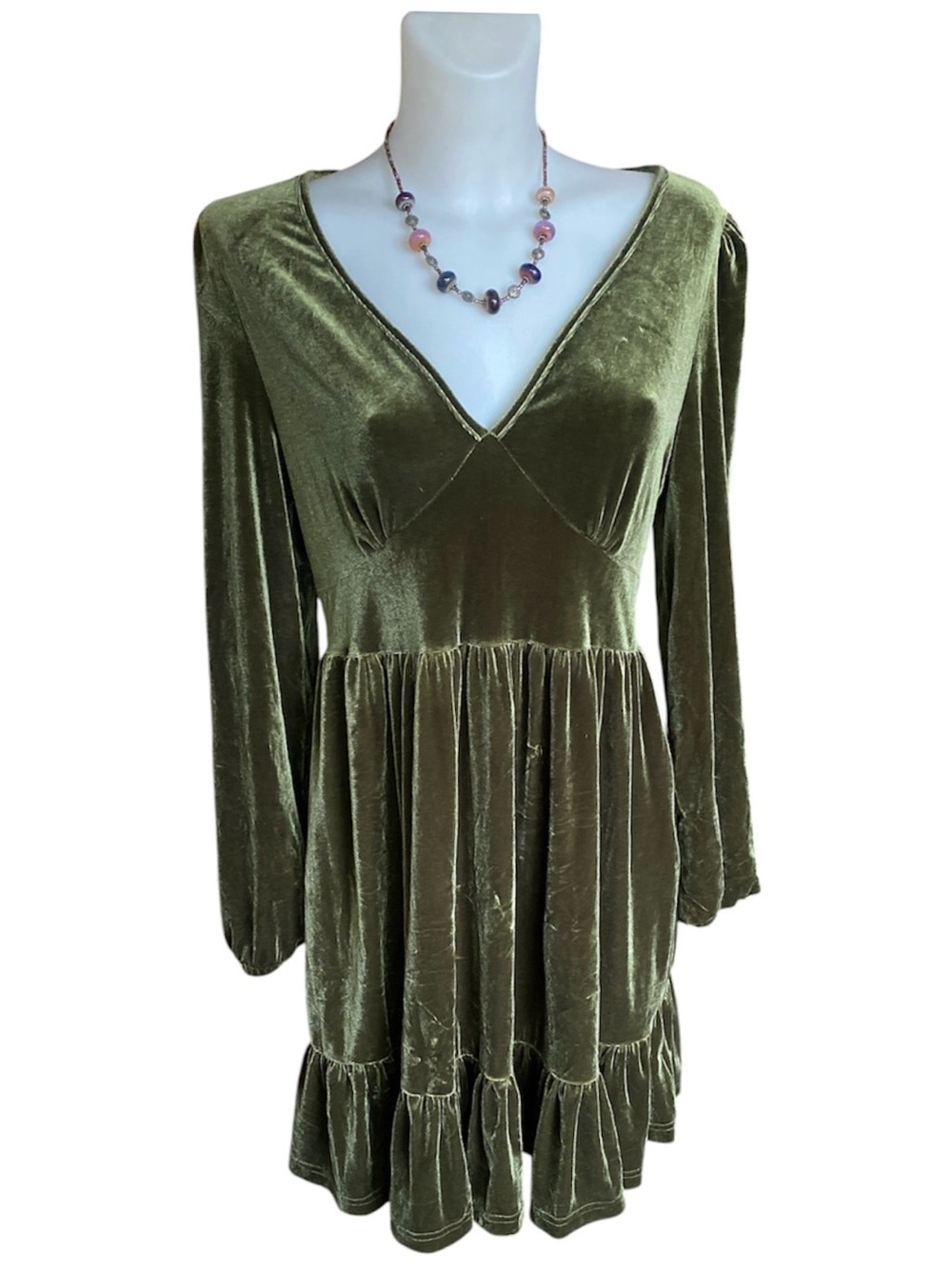 Halara Deep V Neck Long Sleeve Ruffled Hem Velvet Mini Chill Dress Rifle Green L